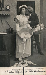 Man Kiss His Woman - Breaking Hearts and Dishes Postcard