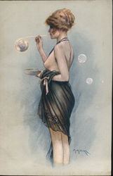 Scantily Clad Woman Blowing Bubbles Postcard