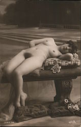 Nude Woman Laying on Bench Postcard