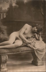 Nude Woman Laying on Bench Postcard