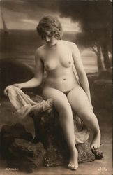 Nude Woman Sitting on Tree Stump Postcard