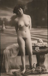 Naked Woman standing in front of bench Risque & Nude Postcard Postcard Postcard