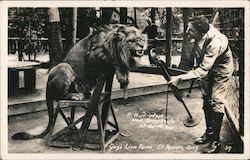 Arthur West and Bamboula the Lion at the Microphone Gay's Lion Farm El Monte, CA Postcard Postcard Postcard