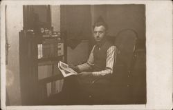 Man in Rocking Chair Reading Newspaper Postcard