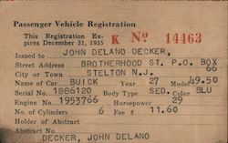 Passenger Vehidle Registration John Delano Decker Skelton, NJ Ephemera Ephemera Ephemera