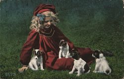 Little Girl with Puppies Postcard