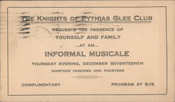 The Knights of Pythias Glee Club Invitation Postcard