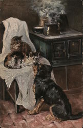 Two Cats Sitting in a Chair with a Dog Near a Stove with Steam Postcard