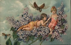 Children Laying on a Flower Branch Fantasy Postcard Postcard Postcard