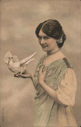 Woman Holding a Pigeon Postcard