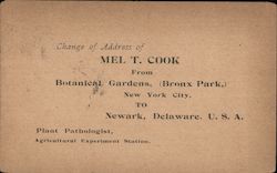 Change of Address Notice from Mel T. Cook Plant Pathologist Bronx Zoo Postcard