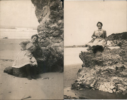 Lot of 2: Young Woman Posing for Picture on Rocks at Beach Postcard