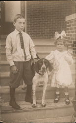 Boy and Girl Posing with Dog Children Postcard Postcard Postcard