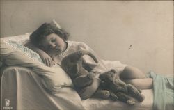 Girl Asleep with Stuffed Elephant and Bear - Handcolored Children Postcard Postcard Postcard