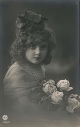 Portrait of Girl with Curly Brown Hair Holding Roses Postcard