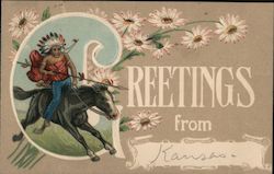 Greetings From Kansas Native American on Horseback Native Americana Postcard Postcard Postcard