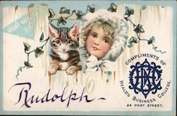 Girl with Kitten Compliments of Heald's Business College Postcard