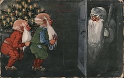 Santa Opening Door to Two Elves in Front of Decorated Tree Postcard