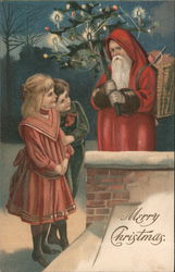 Santa Holding Tree Greeting Children Santa Claus Postcard Postcard Postcard