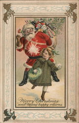 Santa Having a Snowball Fight with a Young Girl Postcard