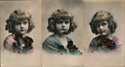 Set of 3: Little Girl with Cherries, Tinted Photos Children Postcard Postcard Postcard