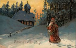 Christmas Greetings - Santa Walking in the Snow Santa Claus Postcard Postcard Postcard