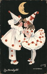 By Moonlight, Two Girls in Clown Outfits Children Postcard Postcard Postcard