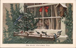 Children Watching Birds Eat with a Christmas Tree Postcard