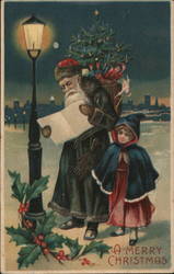 Santa in Green Robe, Girl under street lamp in the snow Santa Claus Postcard Postcard Postcard