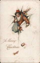 A Merry Christmas, Santa Bursting Through Page with Sack Postcard