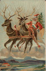 A Merry Christmas - Santa and Raindeers Santa Claus Postcard Postcard Postcard