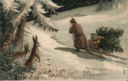 Santa Pulling Sleigh in Snow with Rabbits Looking On Santa Claus Postcard Postcard Postcard