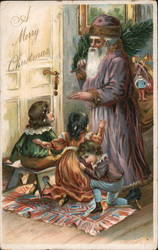 Santa in Purple Robe with Children A Merry Christmas Postcard