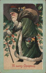 A Merry Christmas, Santa Wearing Green Carrying Sack Postcard