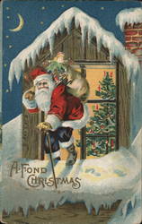 Santa with Sack of Toys Climbing Out of Window on Roof Santa Claus Postcard Postcard Postcard