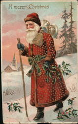 Santa Walking on Snowy Lane Carrying Bells Santa Claus Postcard Postcard Postcard