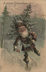 A Merry Christmas - Santa and a Tree Postcard