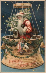 Hearty Greetings, Santa in a Hot Air Balloon Santa Claus Postcard Postcard Postcard