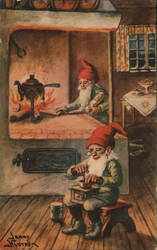 Elves Making Coffee in Workshop Postcard