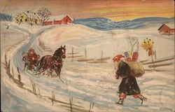 Santa With Sack of Presents on Snowy Lane with People in Horse-drawn Sled Santa Claus Otto Moe Postcard Postcard Postcard