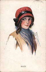 Maud Woman with Red Hat Artist Signed Postcard Postcard Postcard