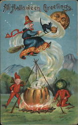 All Hallowe'en Greetings - Witches and a Cat Postcard