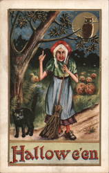 Hallowe'en - Old Woman and Black Cat Postcard