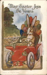 May Easter Joys Be Yours, Easter Bunny Driving Car With Bunnies Postcard Postcard Postcard