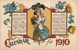 Calendar for 1910 - Woman and Flowers Postcard