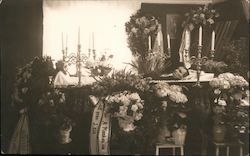 Man Lying in Coffin Surrounded by Flowers, Post-Mortem Death Postcard Postcard Postcard