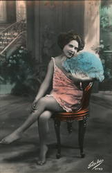 Italian Woman in Short Lacy Negligee Holding Fan, Tinted Risque & Nude FotoArs Postcard Postcard Postcard