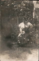 Victorian Woman Standing Behind Pit Bull on Chair Postcard