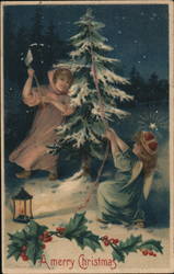 Children chopping down a Christmas tree. Postcard Postcard Postcard