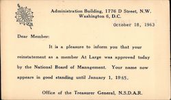 Reinstatement Message from Office of the Treasurer General Washington, DC Washington DC Postcard Postcard Postcard